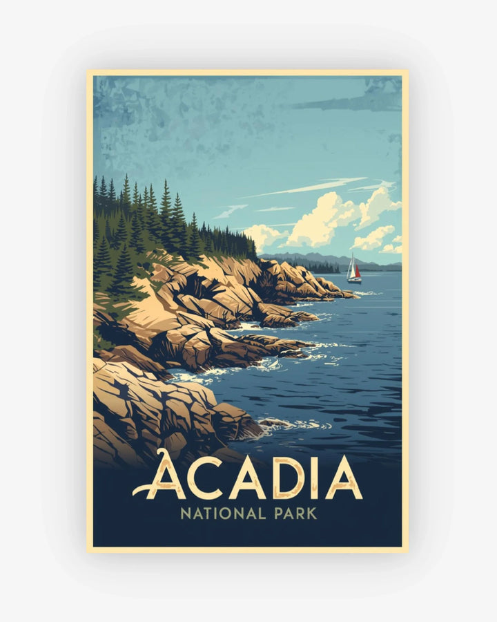 Poster of Acadia National Park with rocky coastline and sailboat.