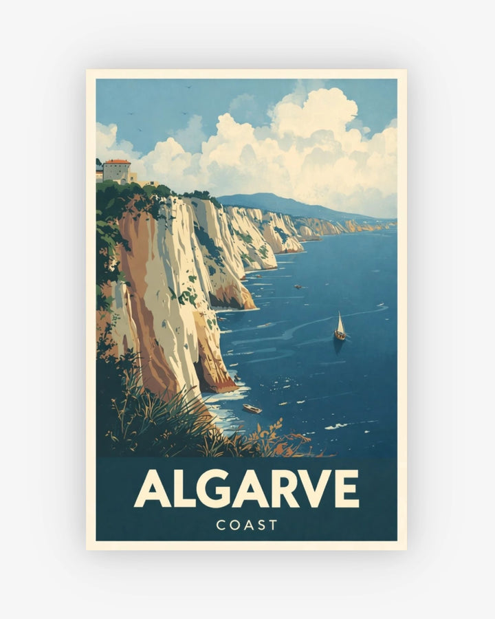 Vintage-style poster of the Algarve coast with cliffs and ocean.