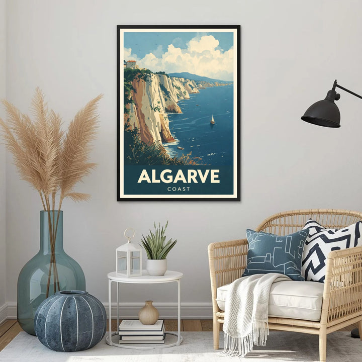 Framed poster of Algarve Coast in a living room setting with decor elements.