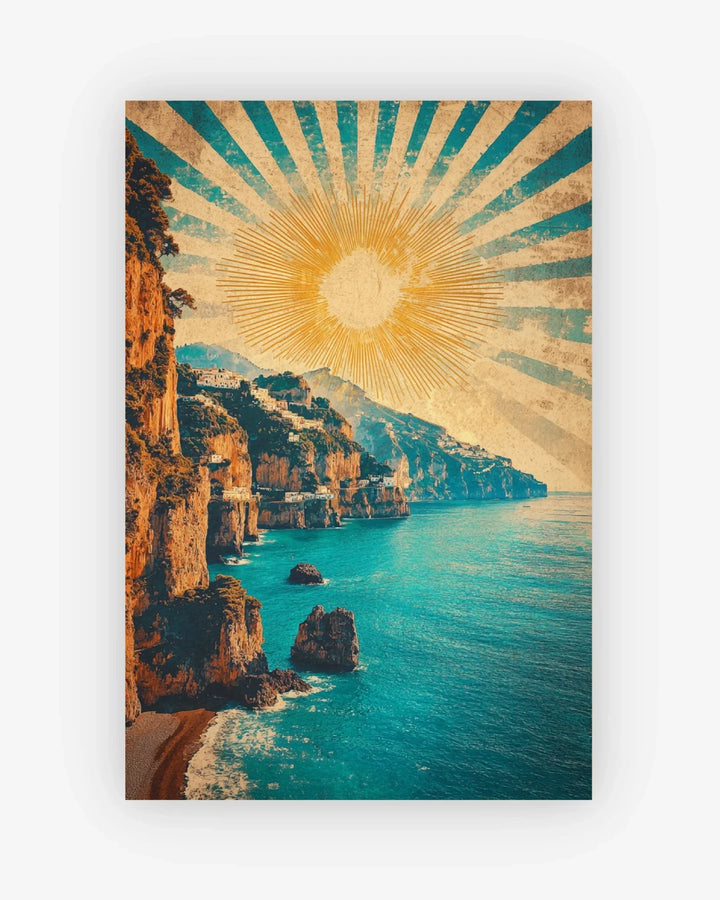 Vintage-style coastal scene with sunburst effect