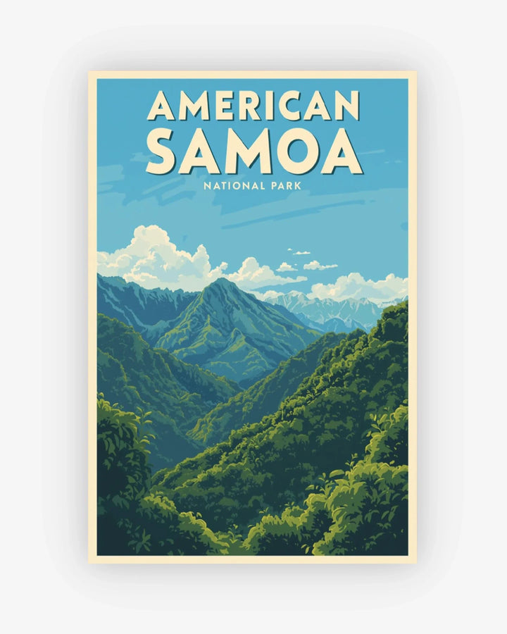 Poster of American Samoa National Park with mountains and sky.