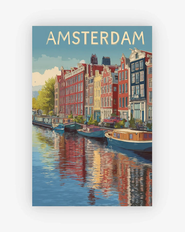 Poster of Amsterdam with canal houses and boats.