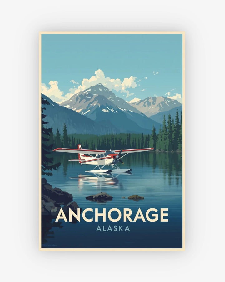 Poster of a seaplane over water with mountains and trees, featuring 'Anchorage, Alaska'.