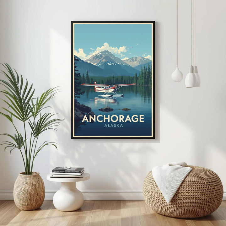 Framed poster of Anchorage, Alaska with a scenic view of a lake and mountains, placed on a wall in a room with decor elements.