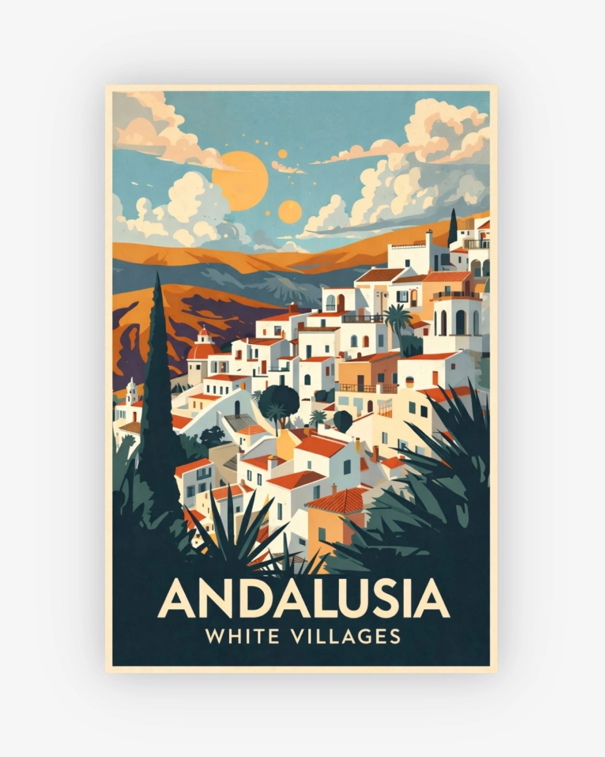 Poster of Andalusia with white villages and mountains.