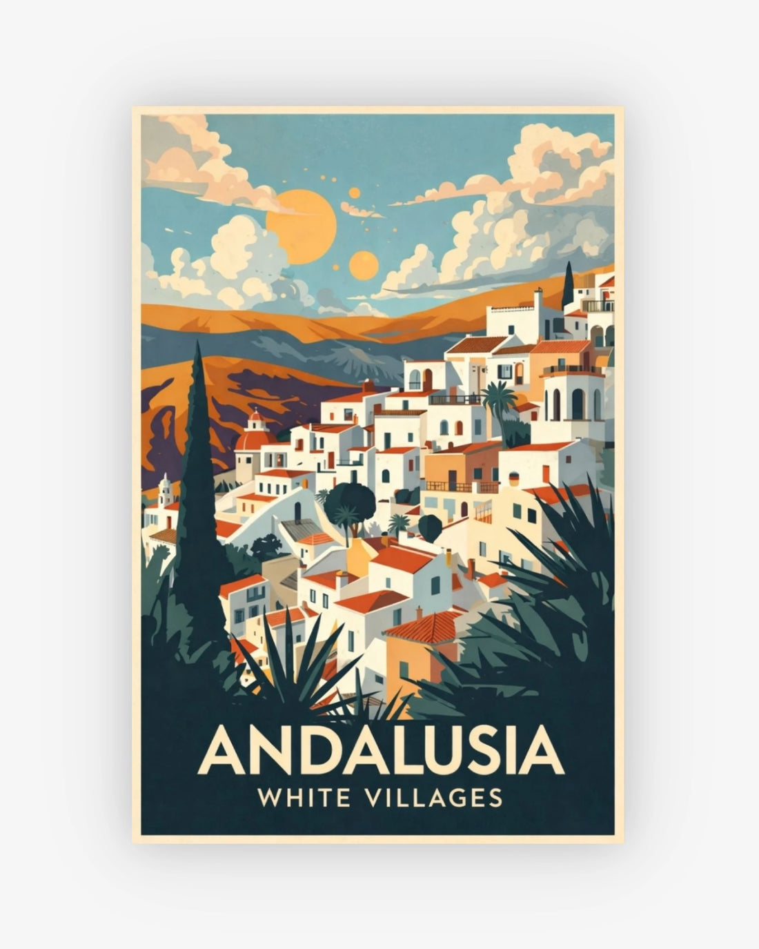 Poster of Andalusia with white villages and mountains.