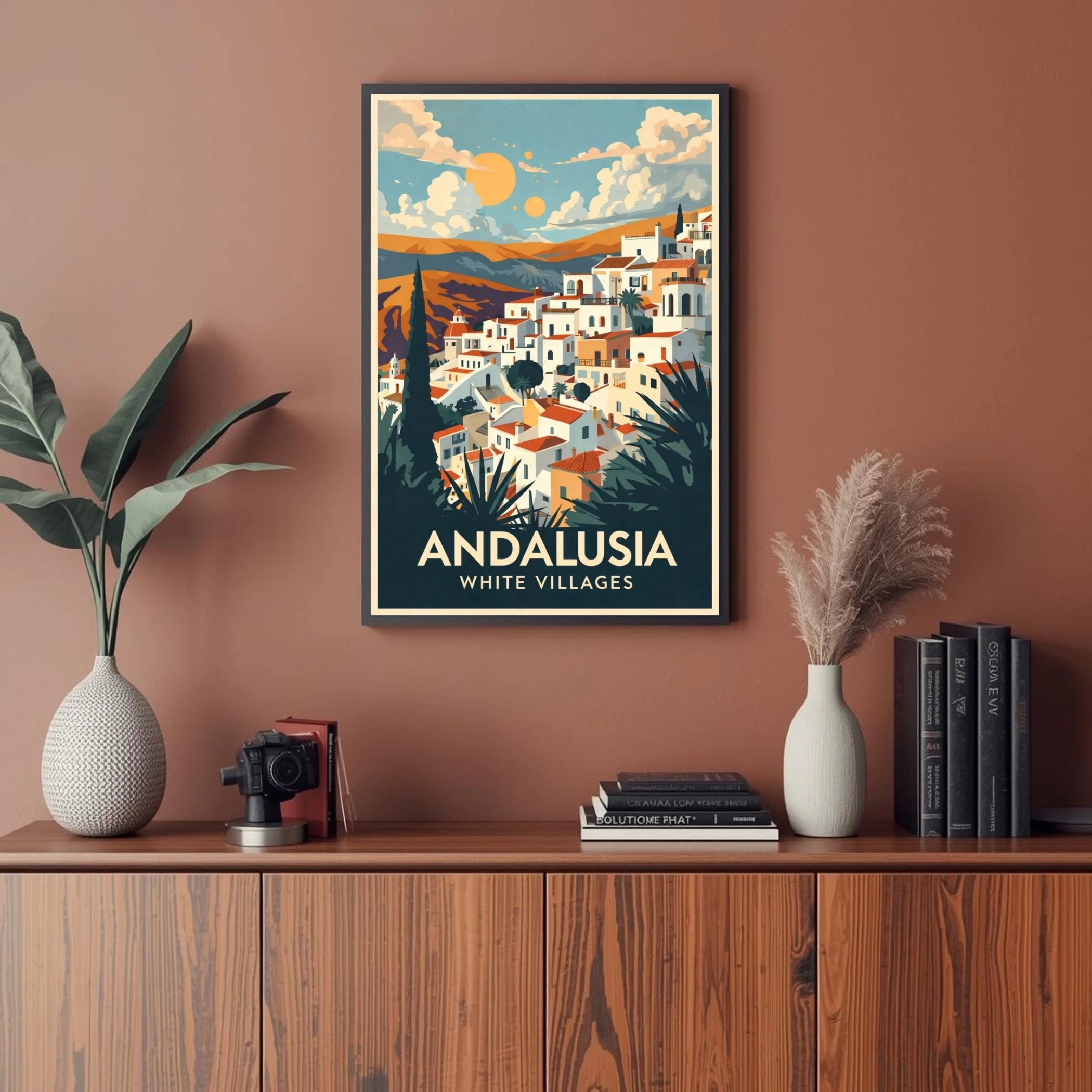 Framed poster of Andalusia White Villages on a wall above a wooden cabinet with decor items.