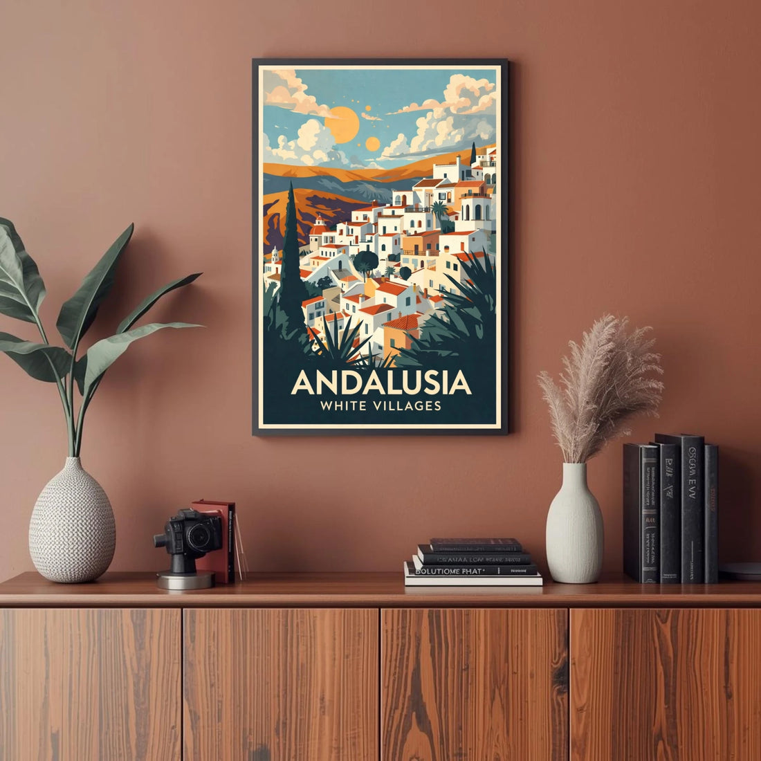Framed poster of Andalusia White Villages on a wall above a wooden cabinet with decor items.