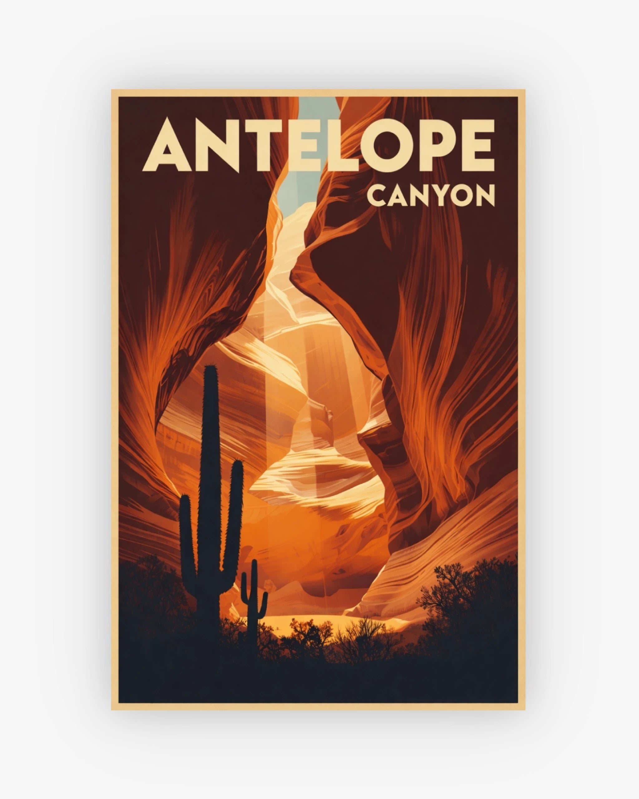 Poster of Antelope Canyon with a cactus silhouette on a white background