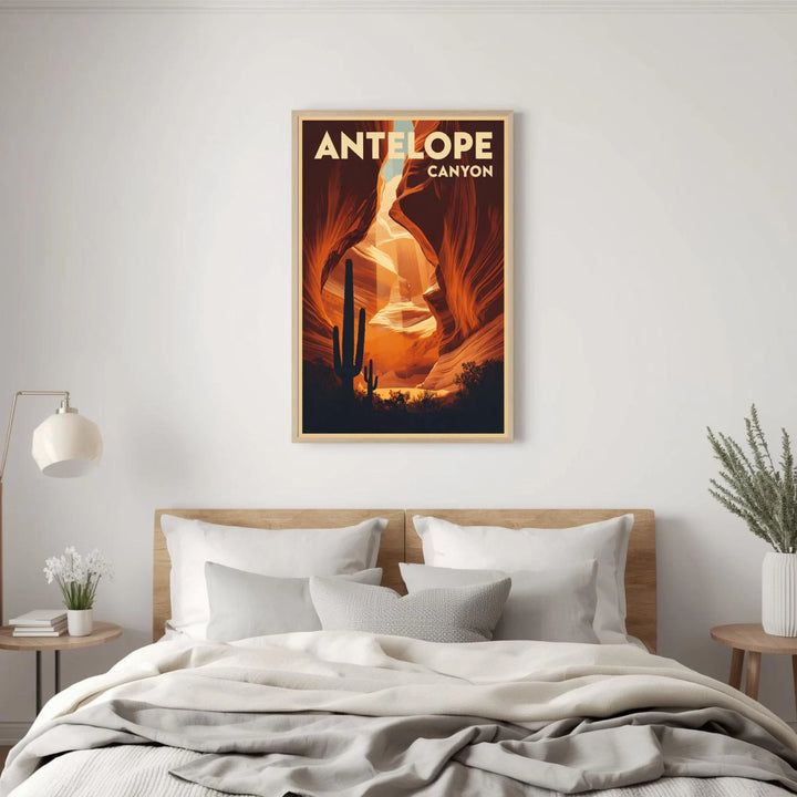 Poster of Antelope Canyon above a bed in a bedroom setting