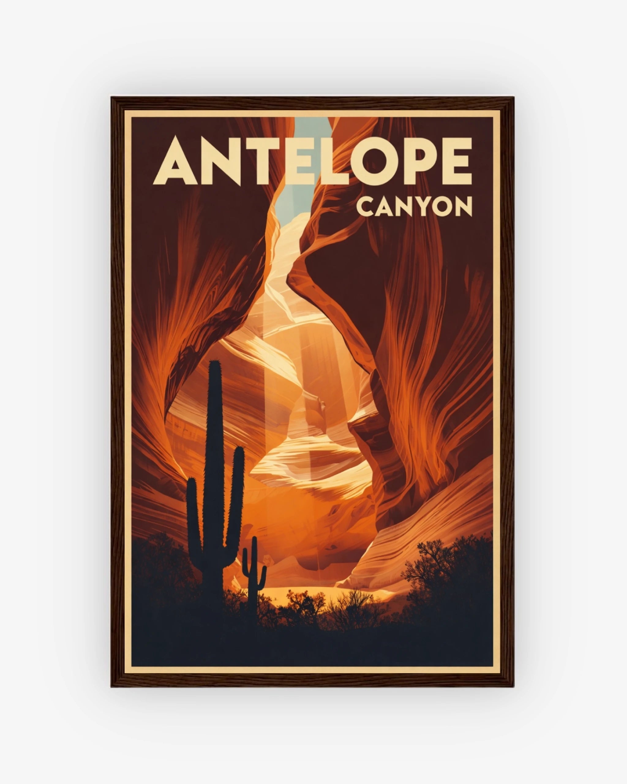 Antelope Canyon travel poster with dark wood frame
