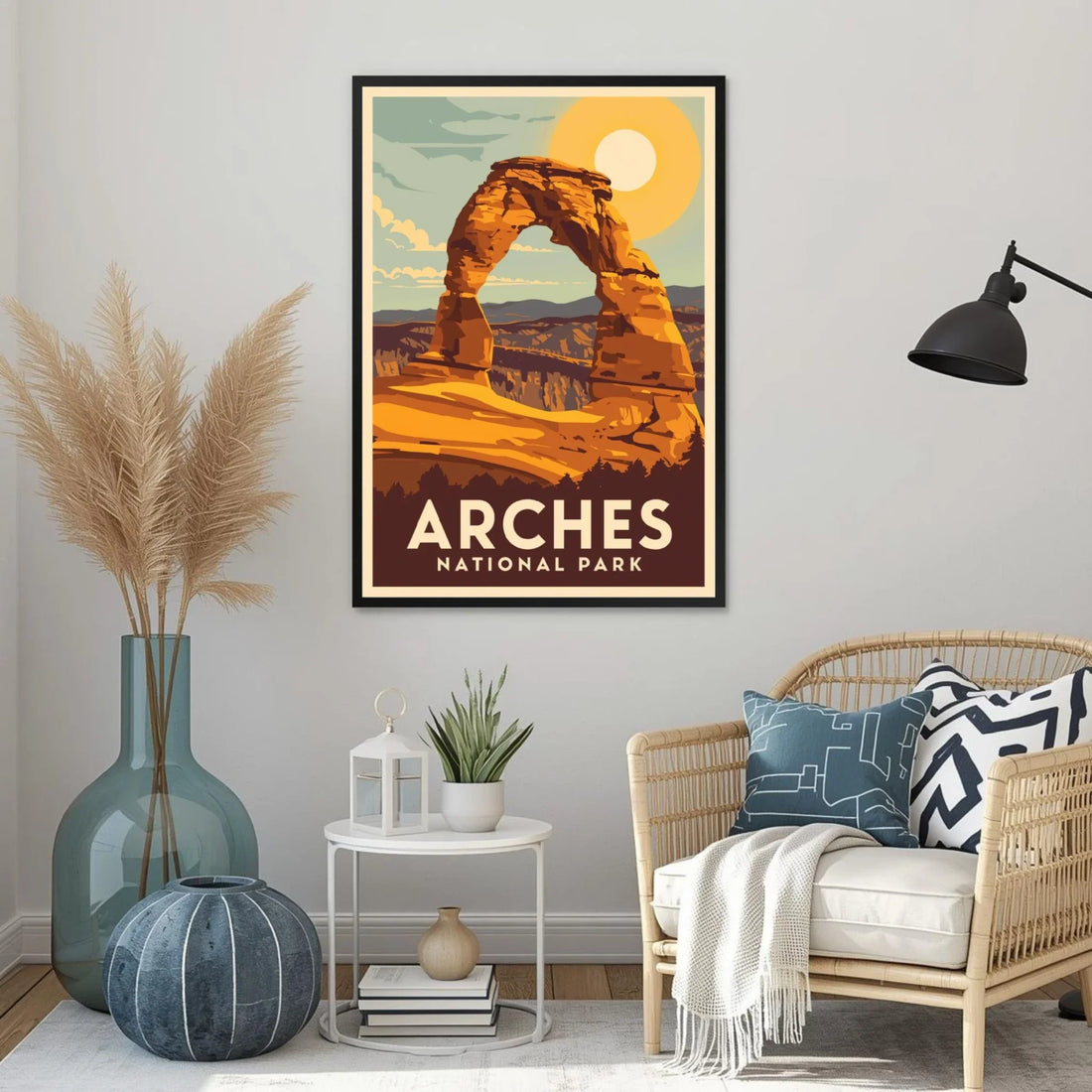 Living room with 'Arches National Park' poster on the wall