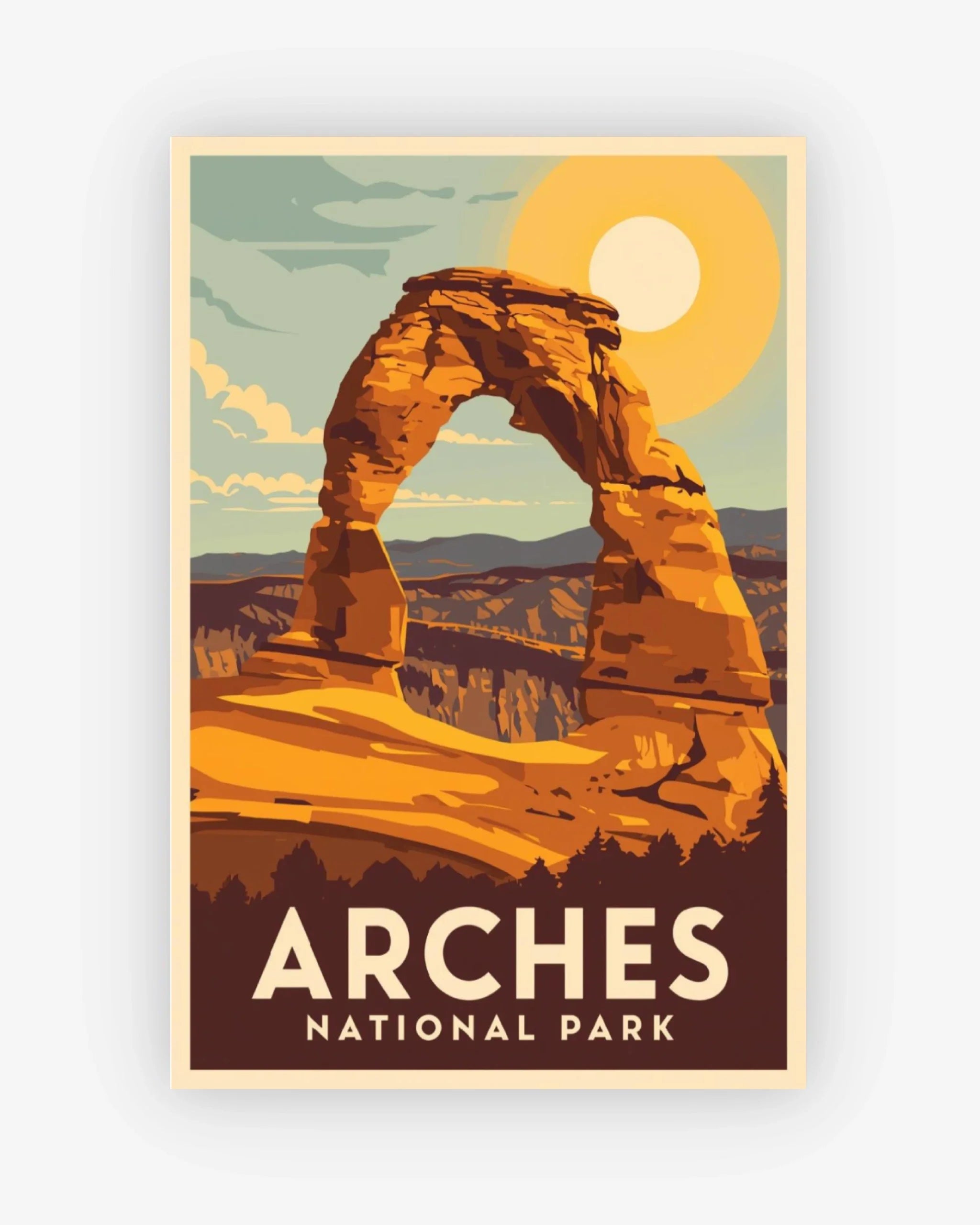 Poster of Arches National Park with a large sandstone arch and sunset.