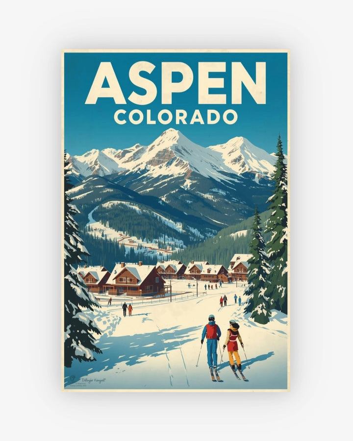 Vintage-style poster of Aspen, Colorado with skiers and snow-covered mountains.