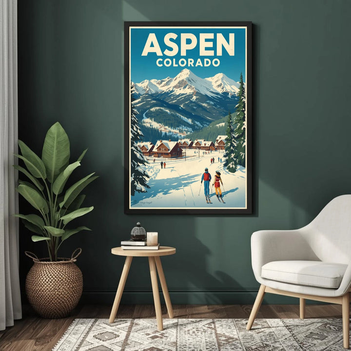 Framed poster of Aspen, Colorado with skiers on a mountain, displayed in a room with a plant and small table.