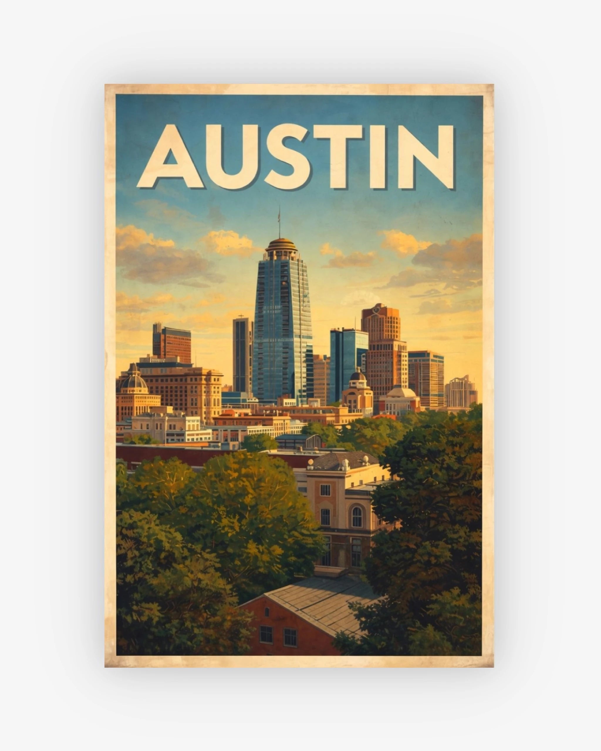 Framed artwork of Austin city skyline with 'AUSTIN' text on a blue sky background.