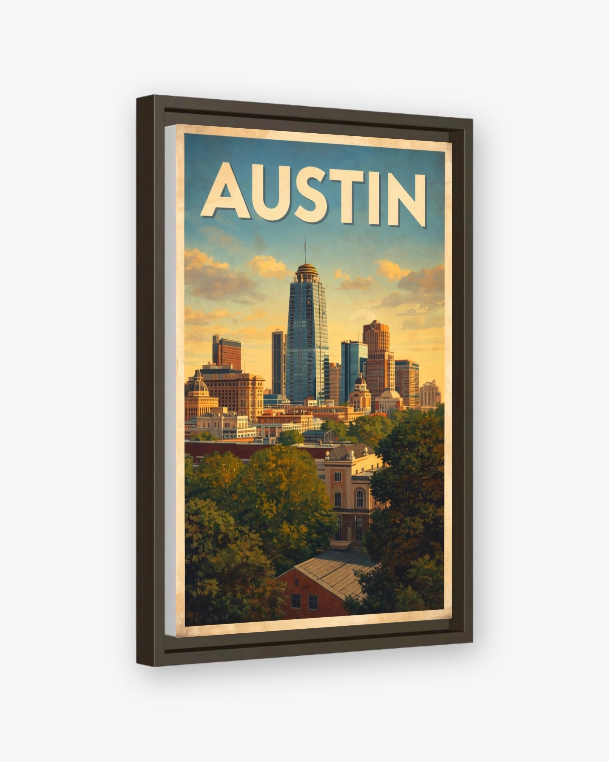 Austin travel poster espresso framed canvas