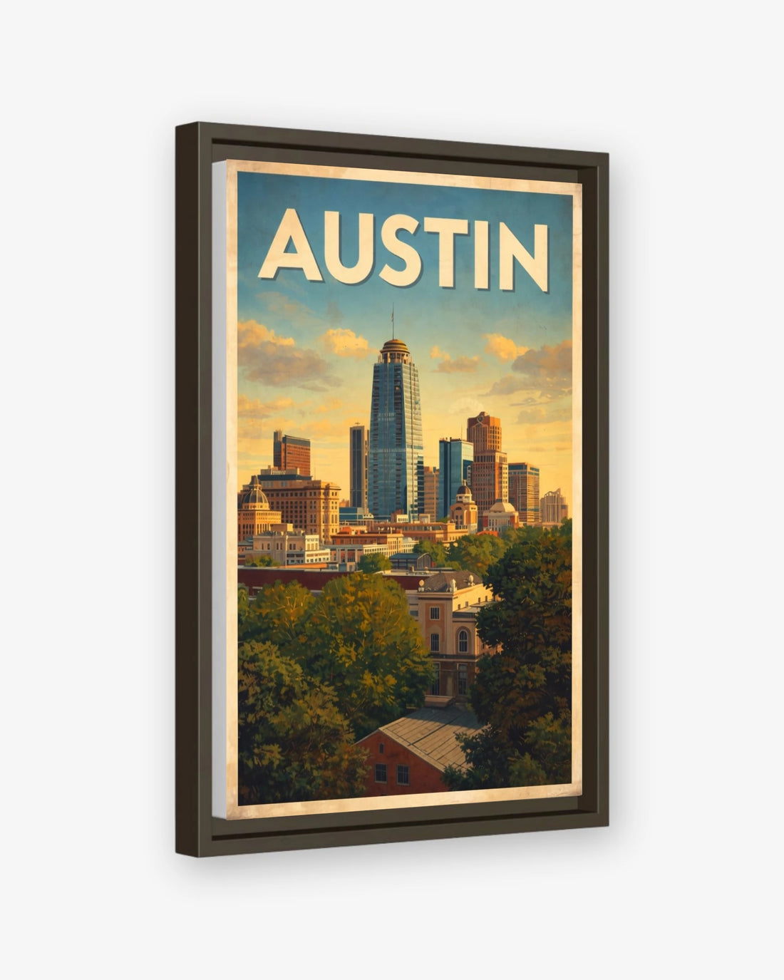Austin travel poster espresso framed canvas