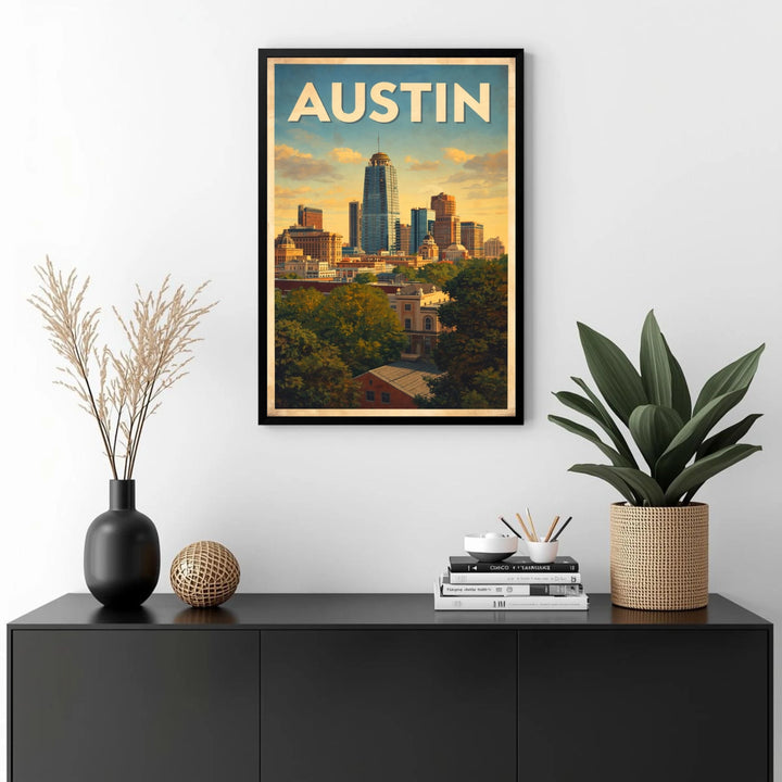 Framed poster of Austin cityscape on a wall above a black console table with decorative items.