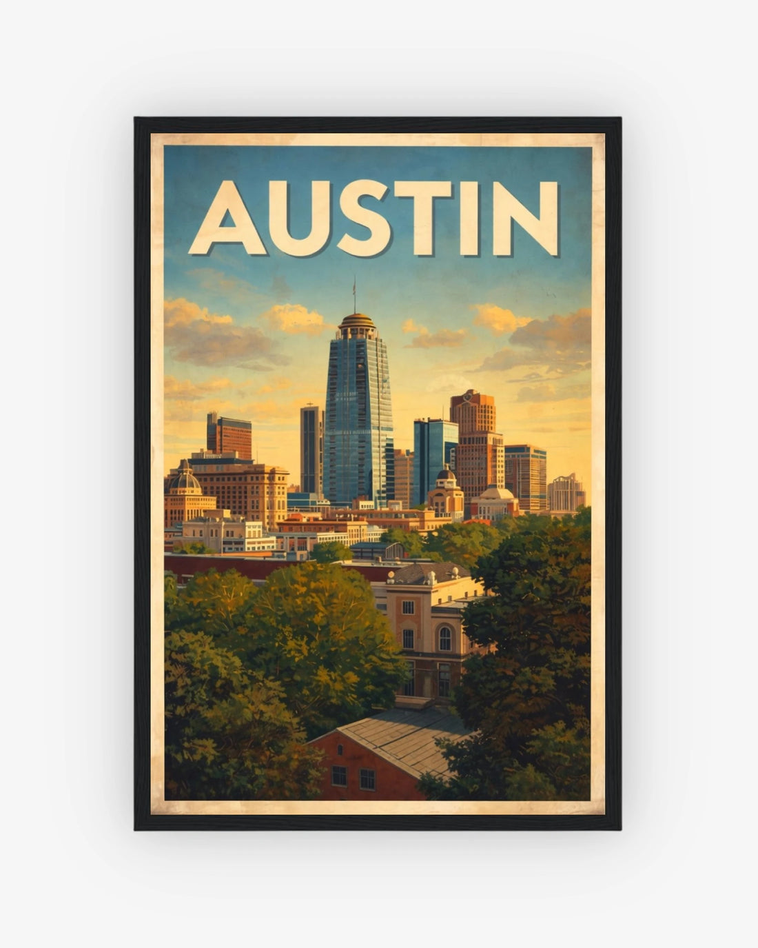 Austin travel poster with black frame