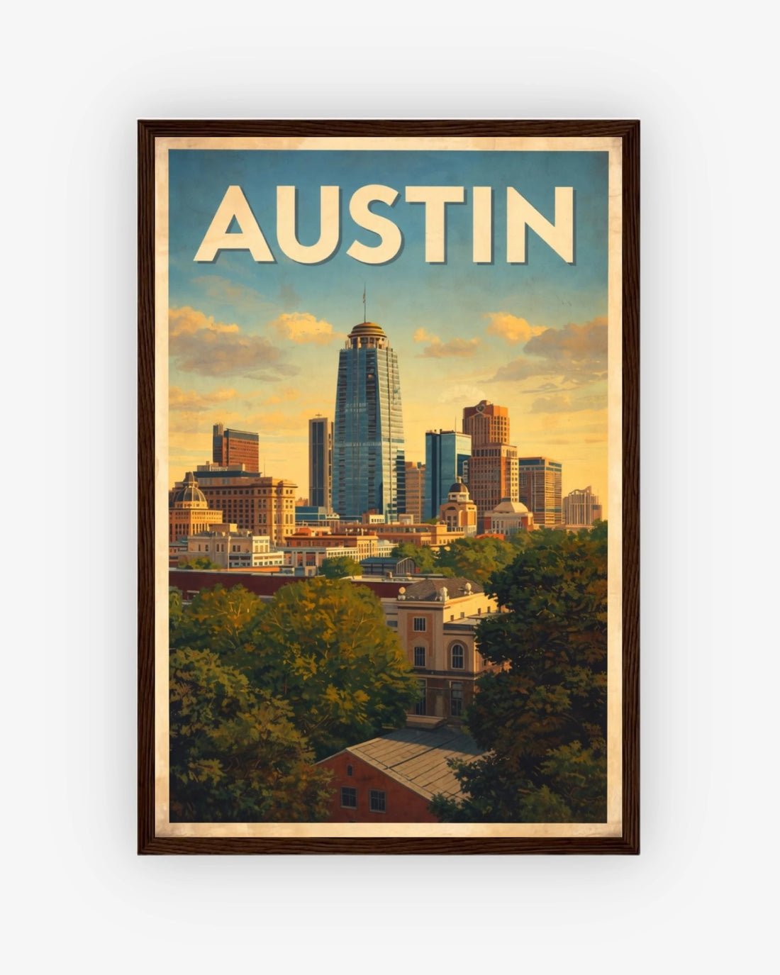 Austin travel poster with dark wood frame