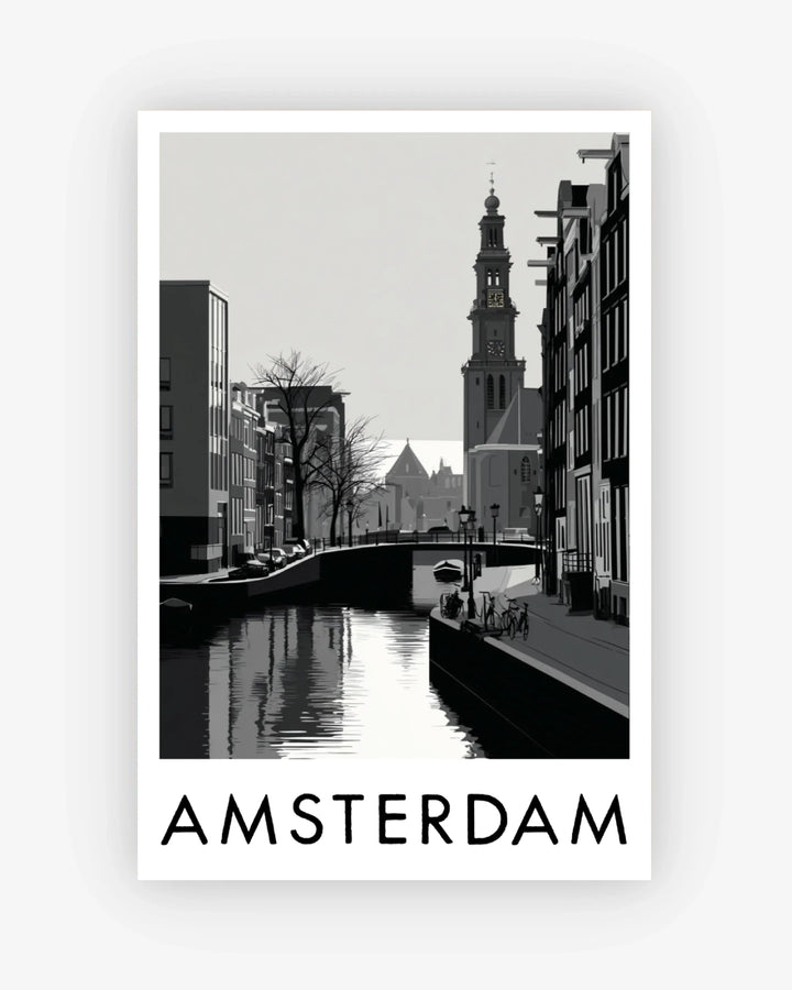 Black and white photo of a canal scene in Amsterdam with a prominent clock tower.