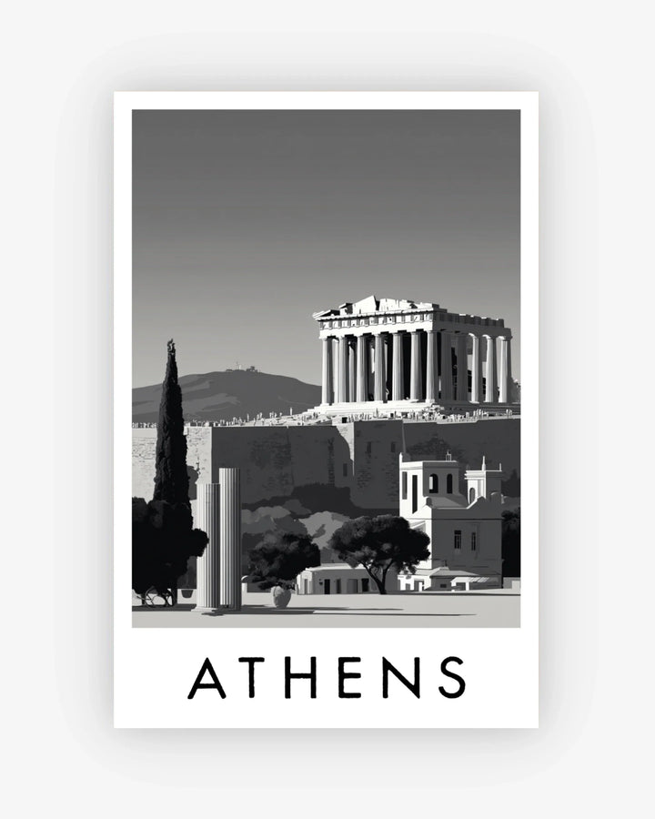 Black and white image of the Parthenon with 'ATHENS' text on a white background