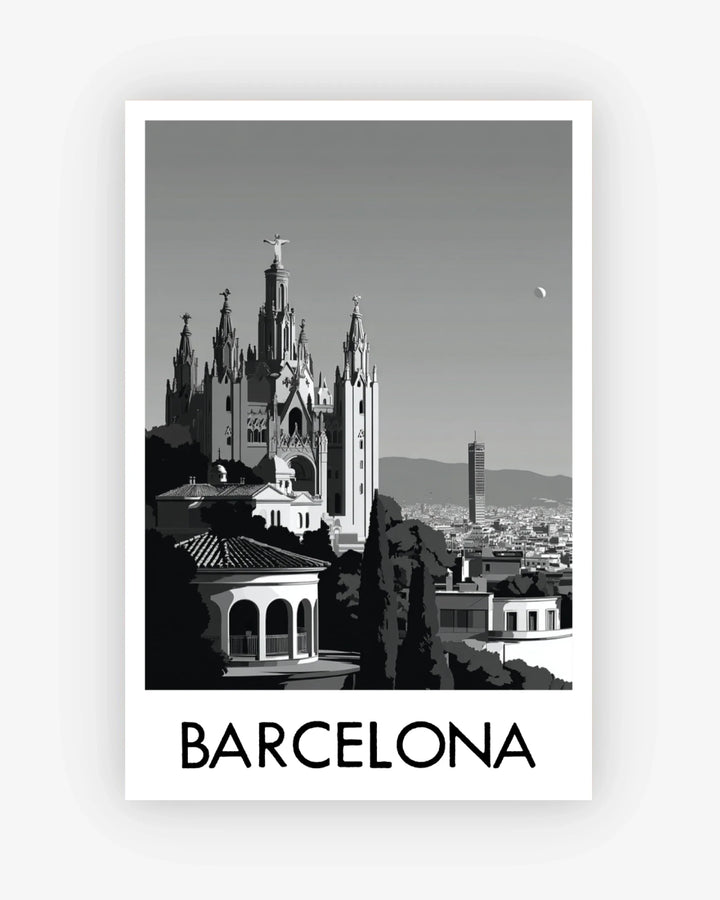 Black and white poster of Barcelona with a prominent building and 'Barcelona' text.