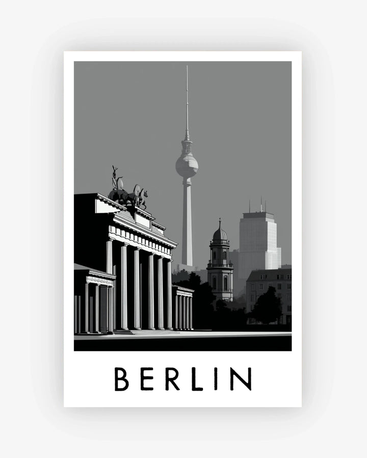 Black and white poster of Berlin with Brandenburg Gate and TV tower.