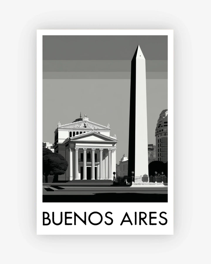 Black and white image of a famous landmark in Buenos Aires with 'Buenos Aires' text below.