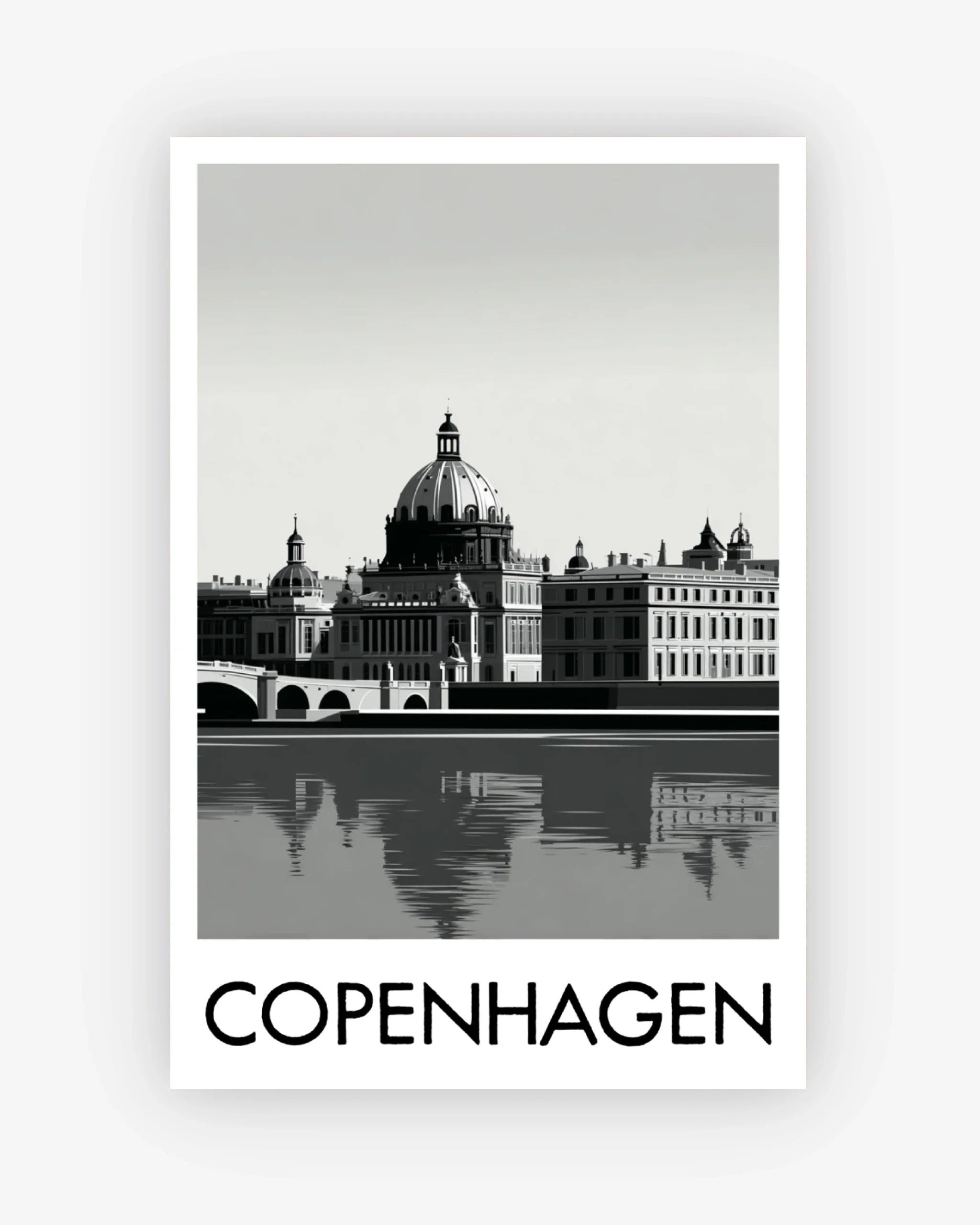 Black and white image of a cityscape with 'Copenhagen' text below