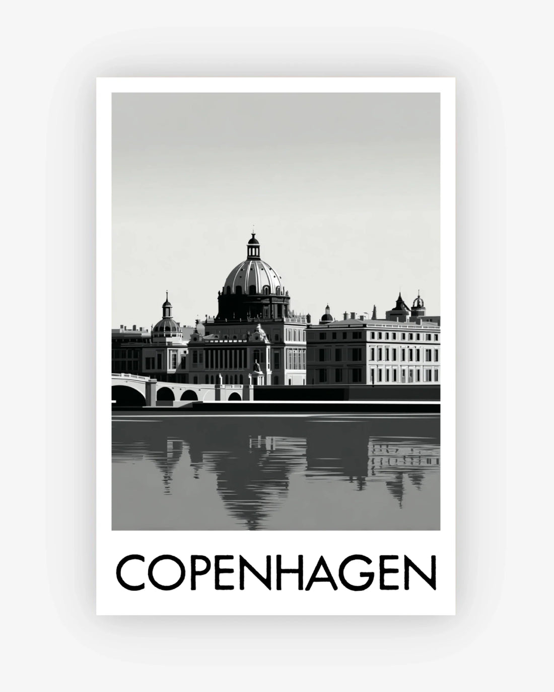 Black and white image of a cityscape with 'Copenhagen' text below