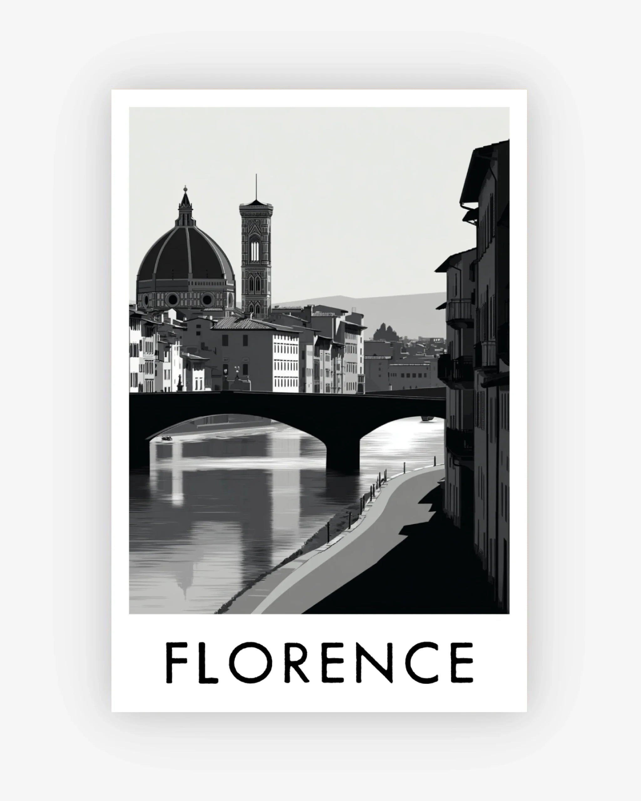 Black and white image of a famous landmark in Florence with 'FLORENCE' text below.