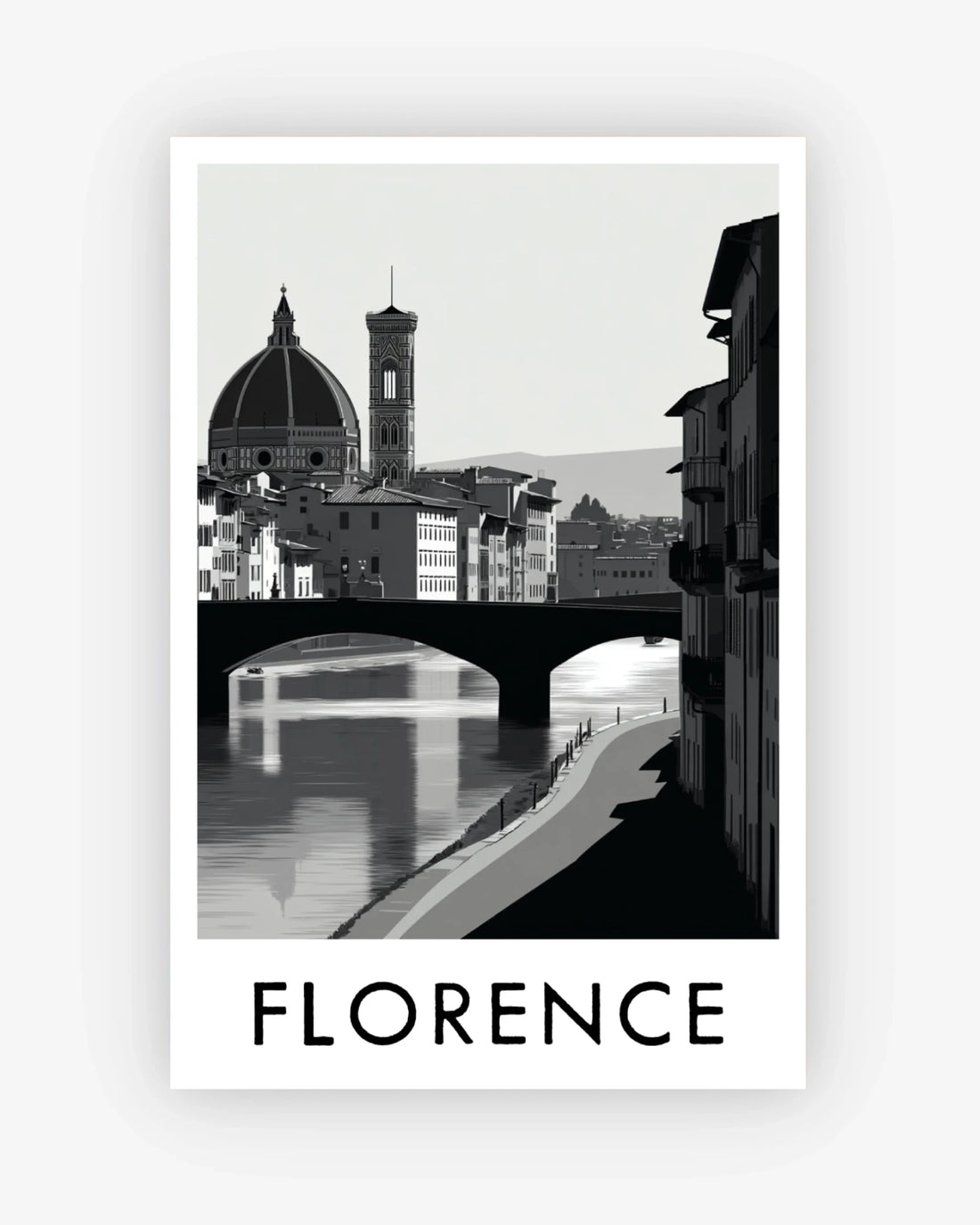 Black and white image of a famous landmark in Florence with 'FLORENCE' text below.