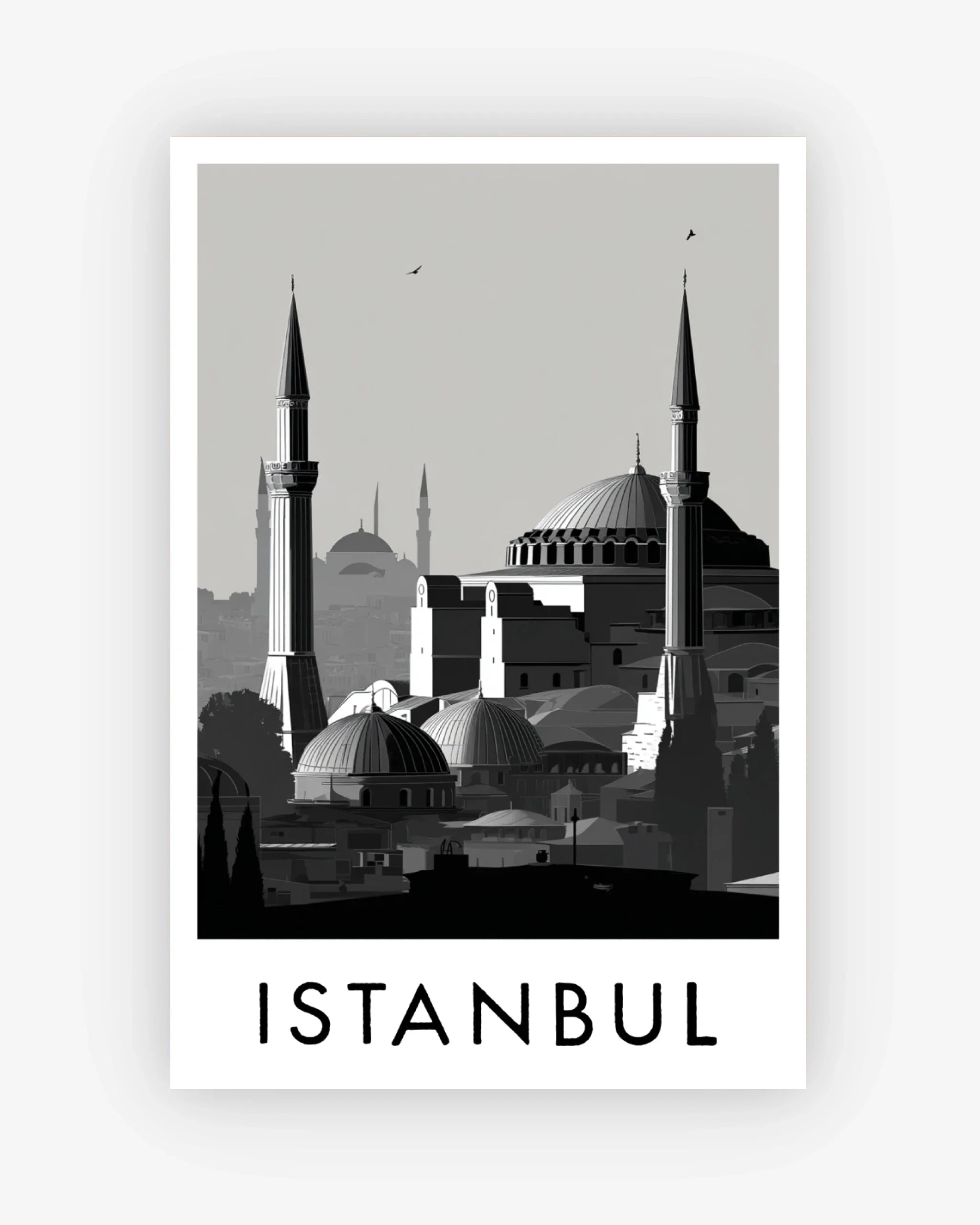 Black and white illustration of Istanbul with domes and minarets on a light gray background.