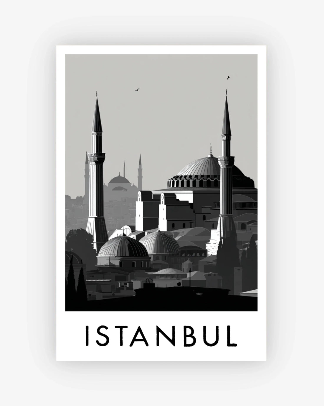 Black and white illustration of Istanbul with domes and minarets on a light gray background.