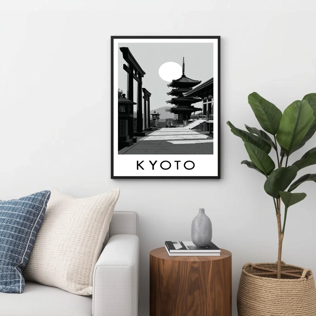 Framed artwork with 'KYOTO' text in a living room setting.
