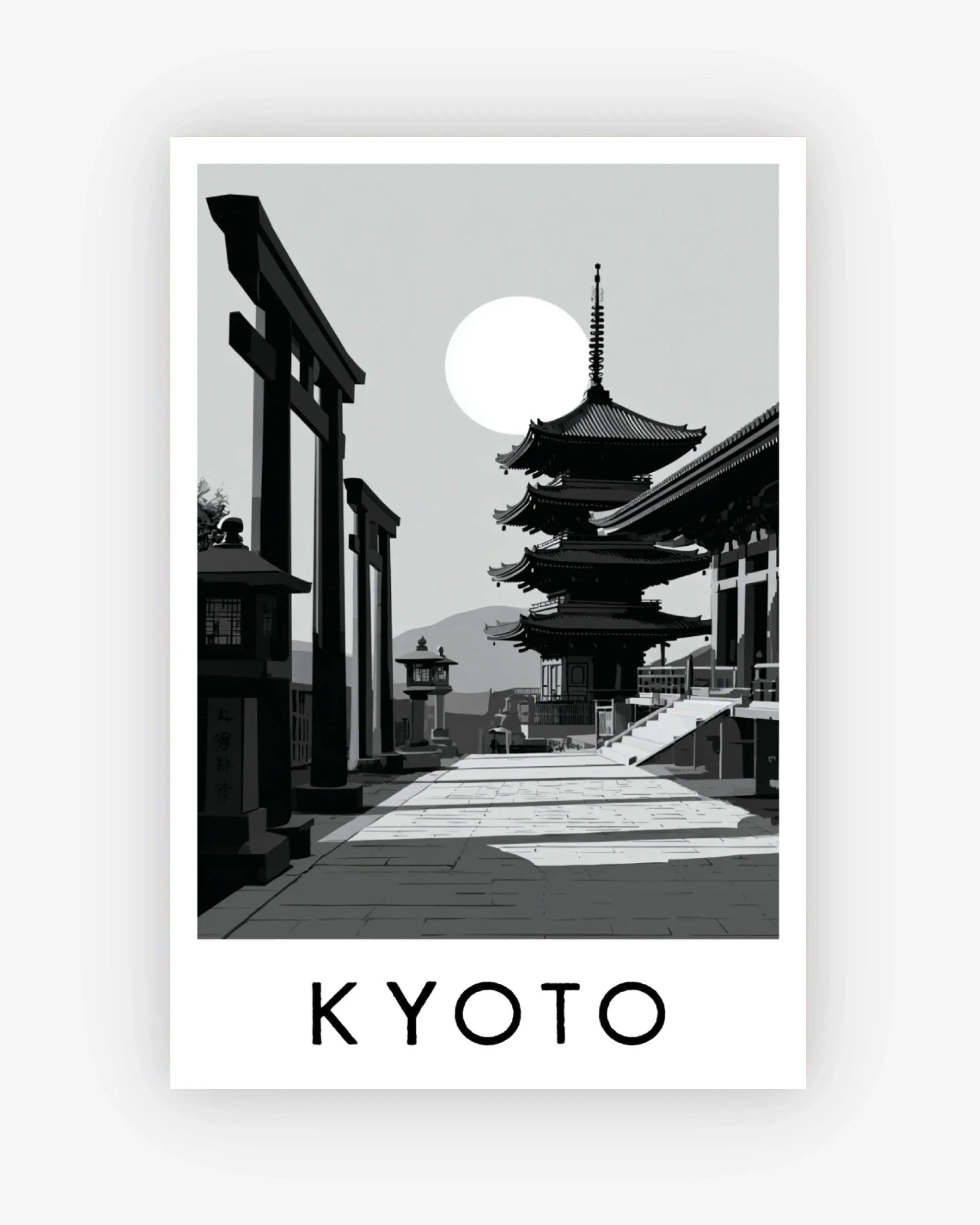 Black and white image of a traditional Japanese temple with 'KYOTO' text at the bottom.