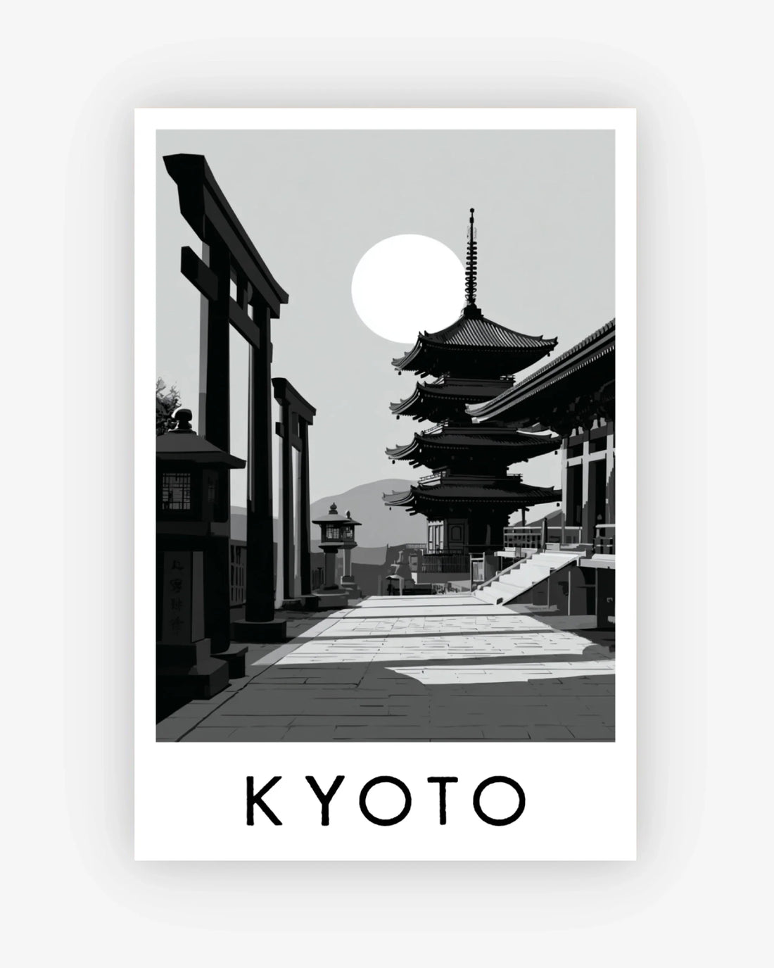 Black and white image of a traditional Japanese temple with 'KYOTO' text at the bottom.