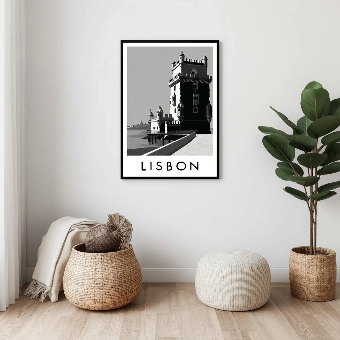 Framed artwork of Lisbon with decorative plants and furniture in a room.