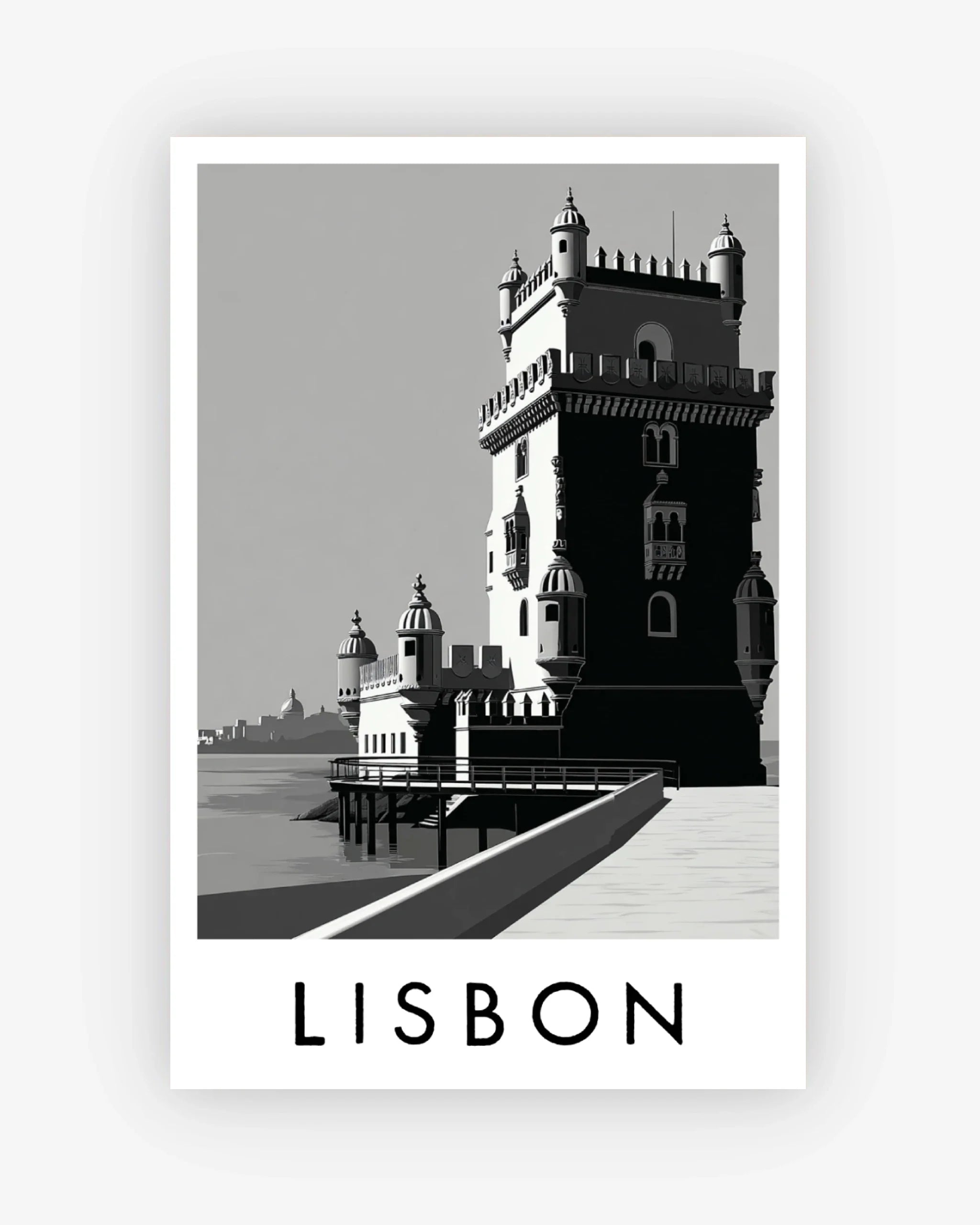 Black and white illustration of a tower with 'Lisbon' text on a light gray background