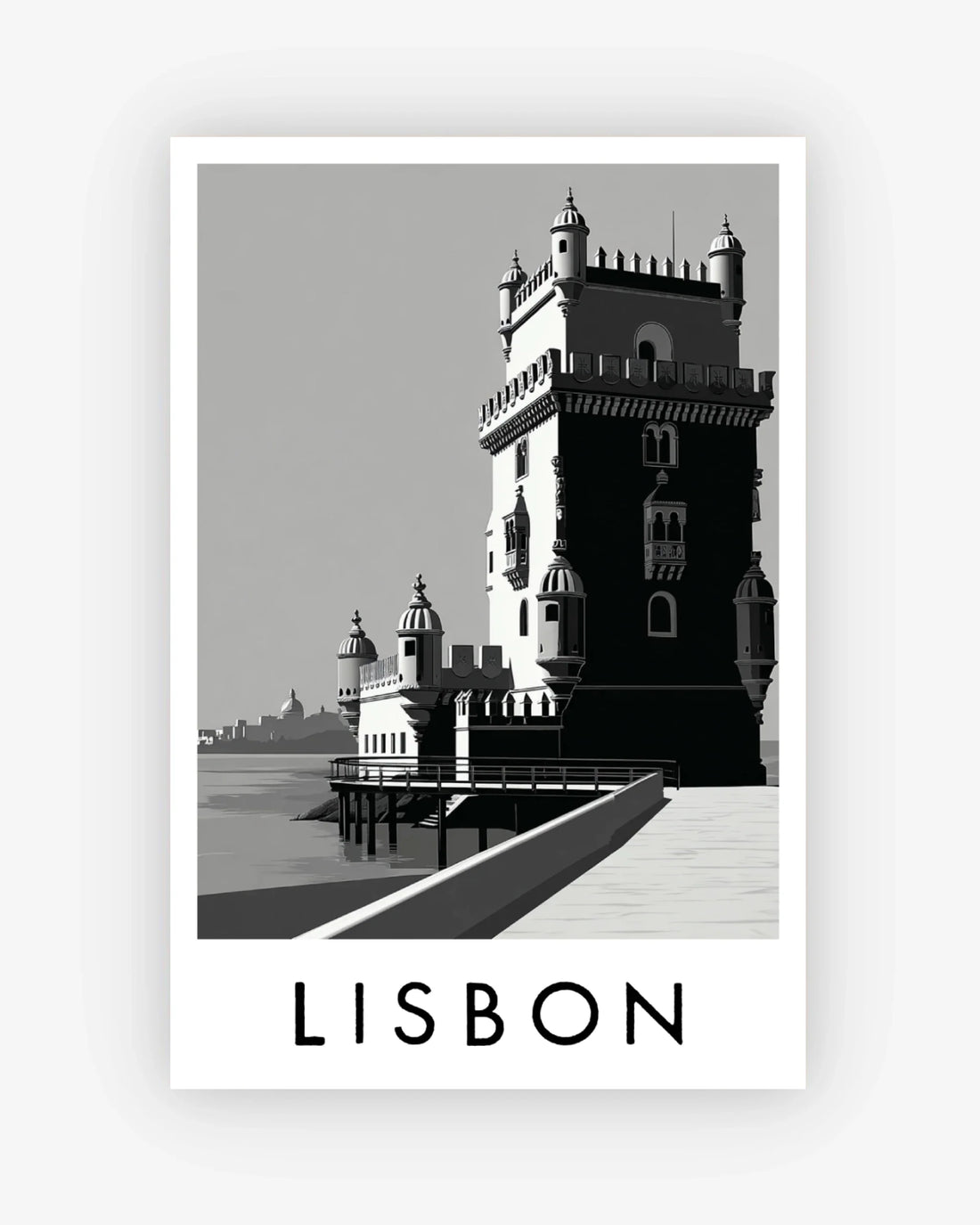 Black and white illustration of a tower with 'Lisbon' text on a light gray background