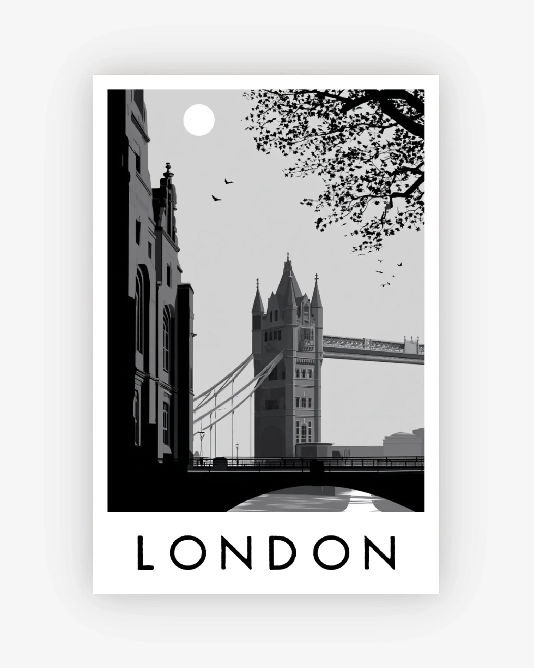Black and white illustration of Tower Bridge with 'London' text on a white background