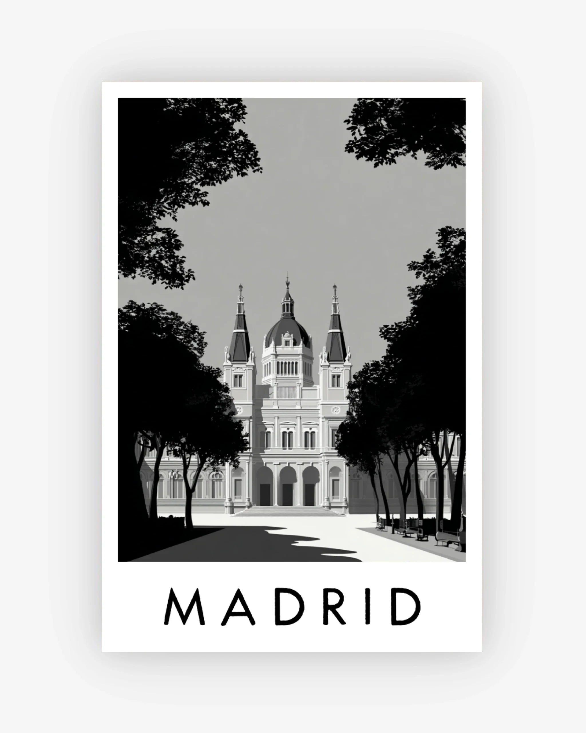 Poster of a castle with trees and 'Madrid' text on a white background