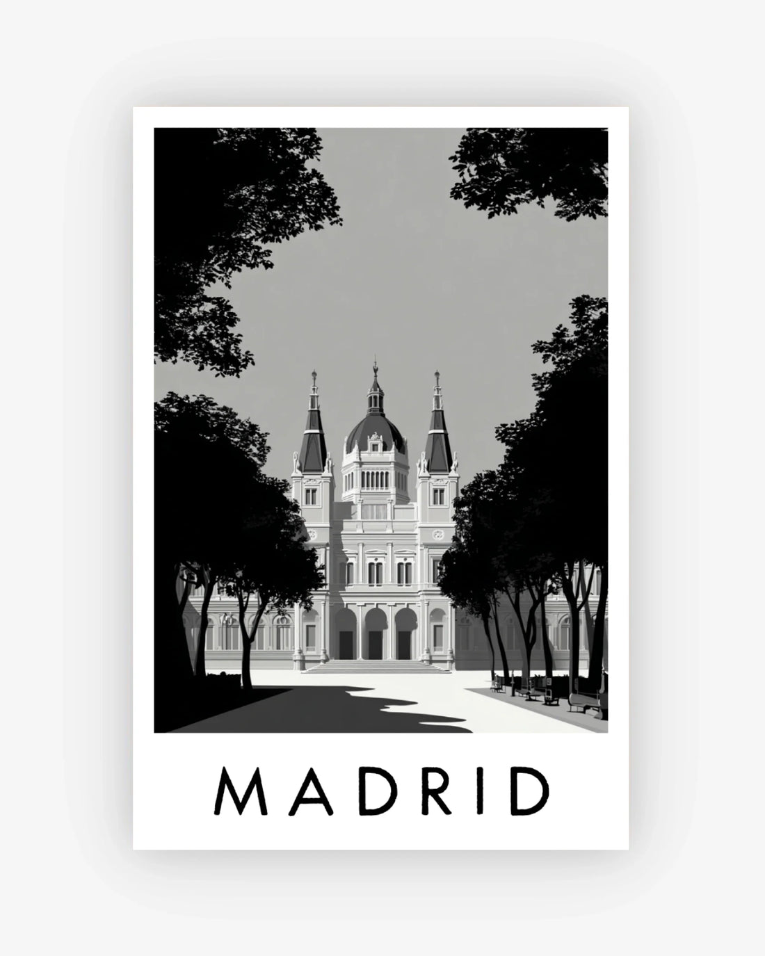 Poster of a castle with trees and 'Madrid' text on a white background