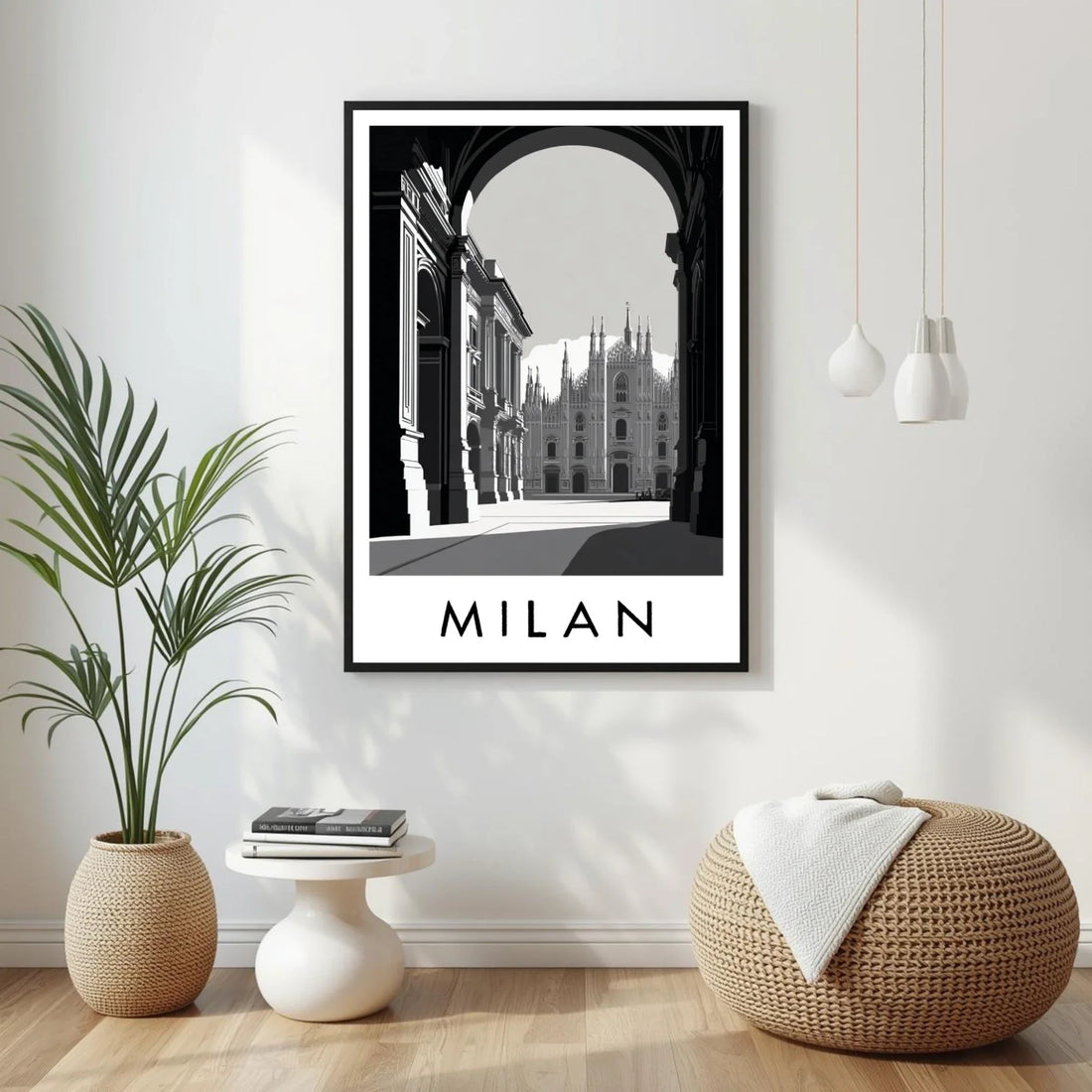 Framed artwork of Milan with a plant and stool in the foreground