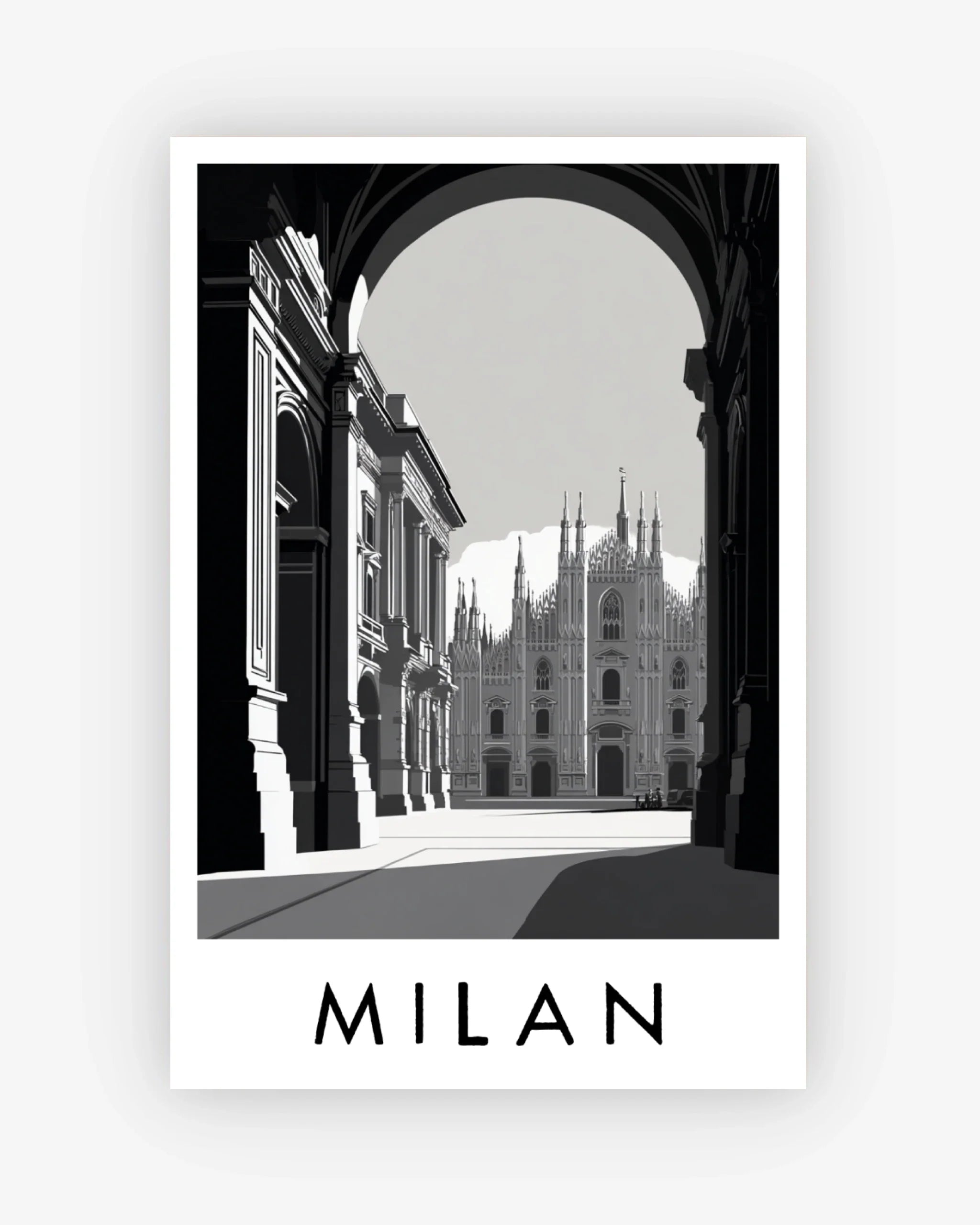 Art print of Milan with architectural view and 'Milan' text on a white background