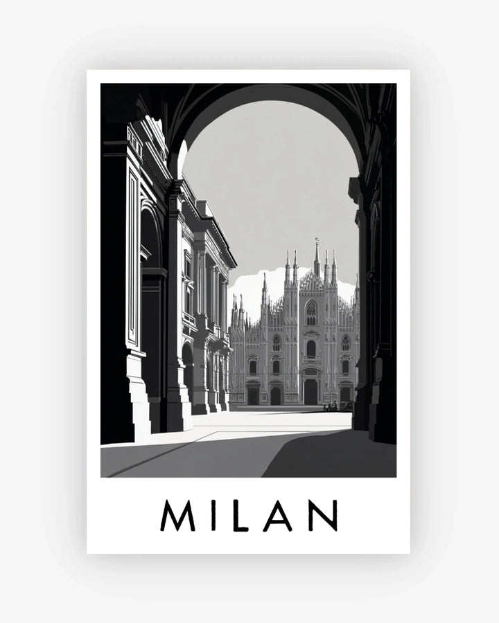 Art print of Milan with architectural view and 'Milan' text on a white background