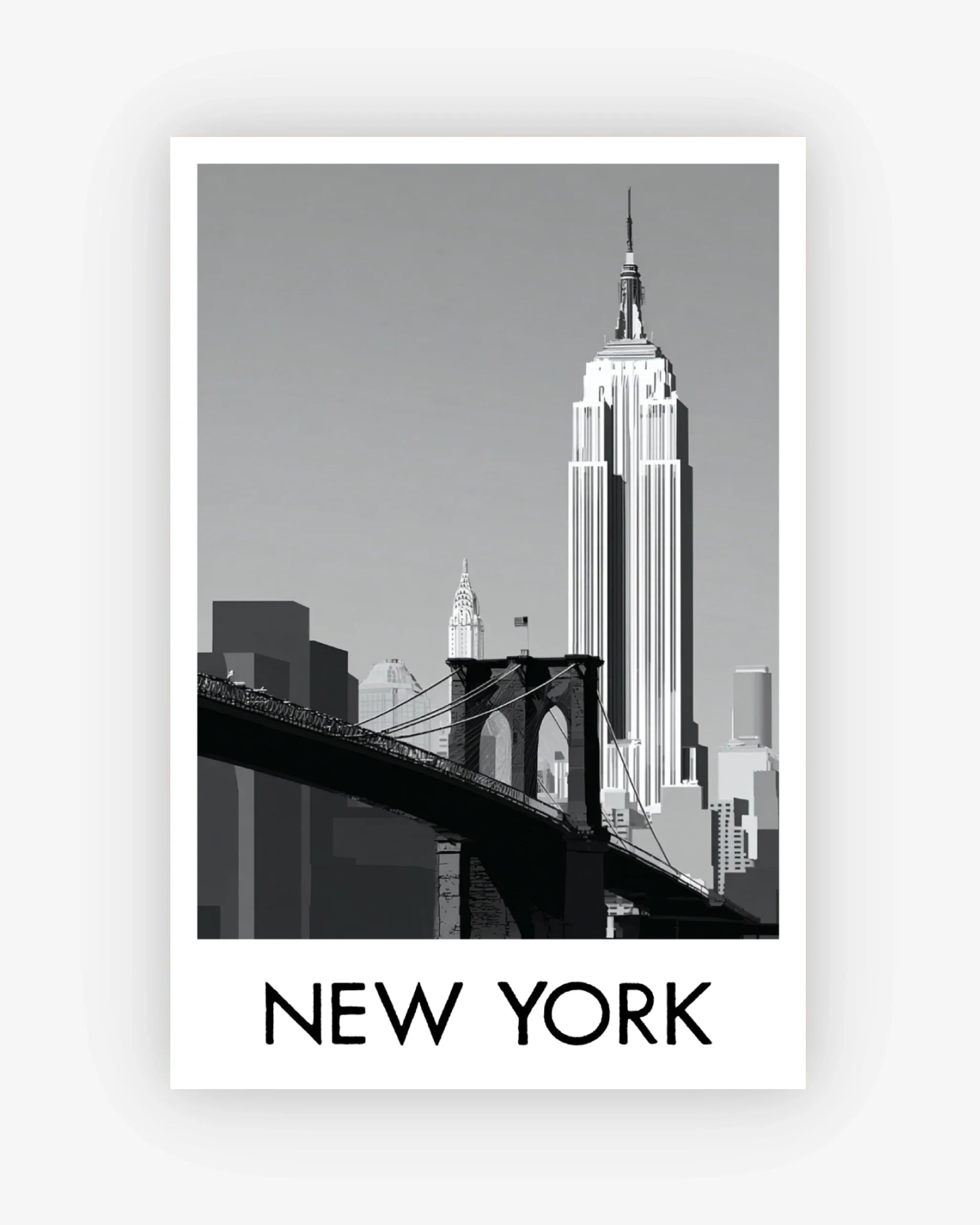 Black and white image of New York City skyline with the Empire State Building and Brooklyn Bridge.
