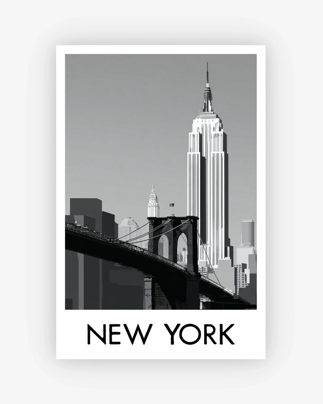 Black and white image of New York City skyline with the Empire State Building and Brooklyn Bridge.